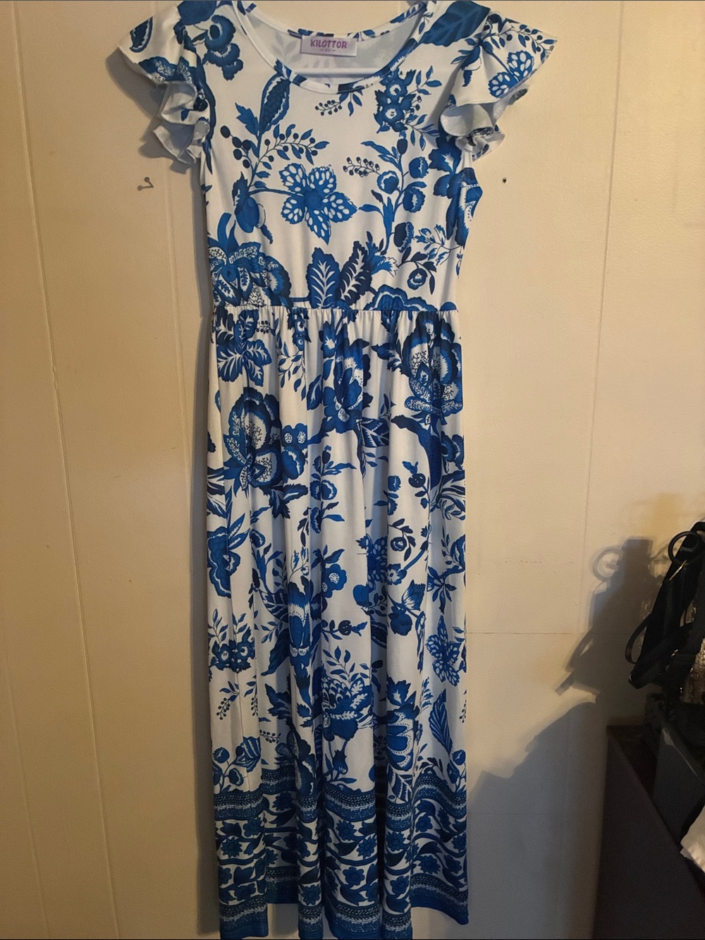White & Blue Floral Maxi Dress for Girls